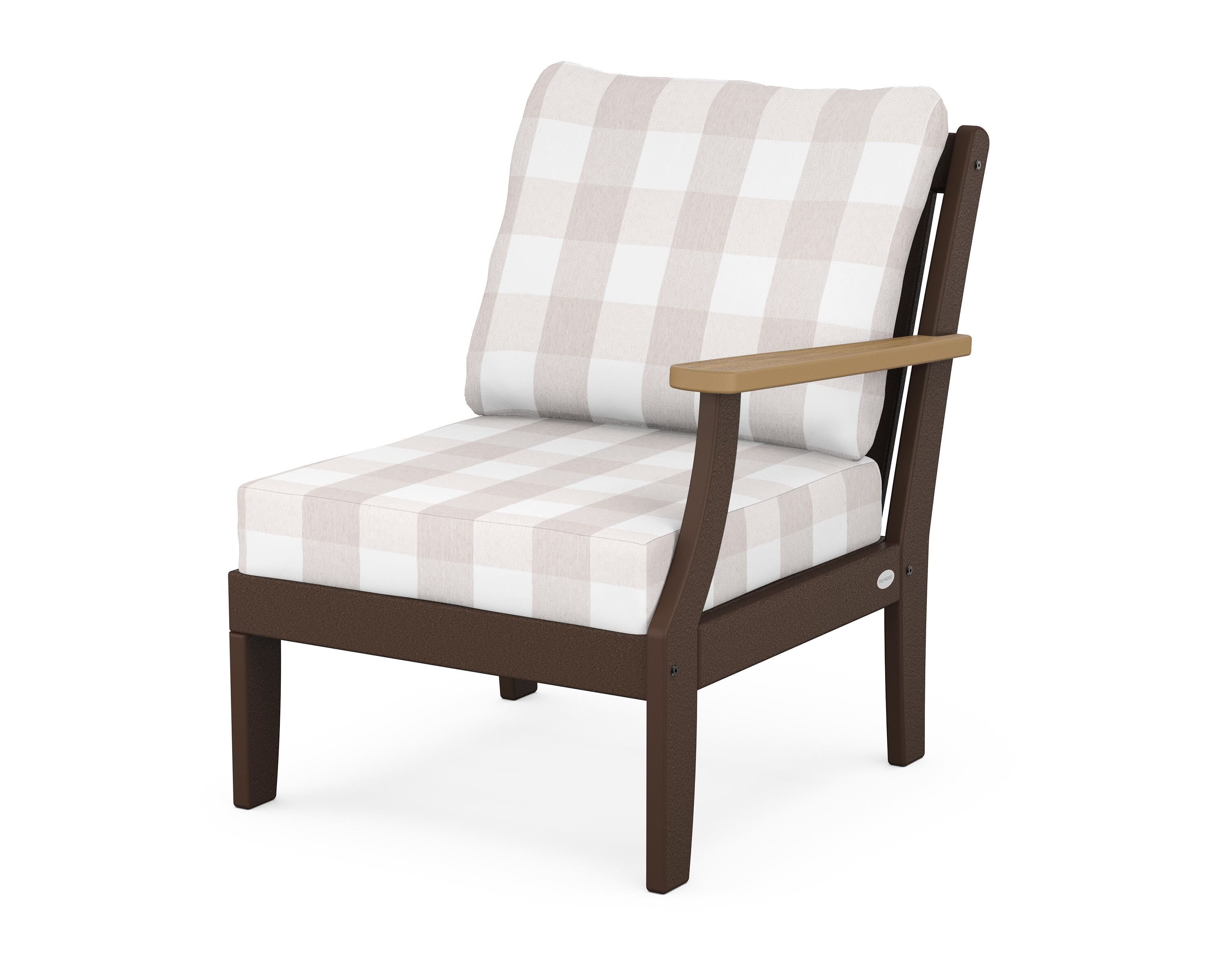 POLYWOOD® Braxton Modular Right Arm Chair in Mahogany / Natural / Buffalo Plaid Dune Burlap