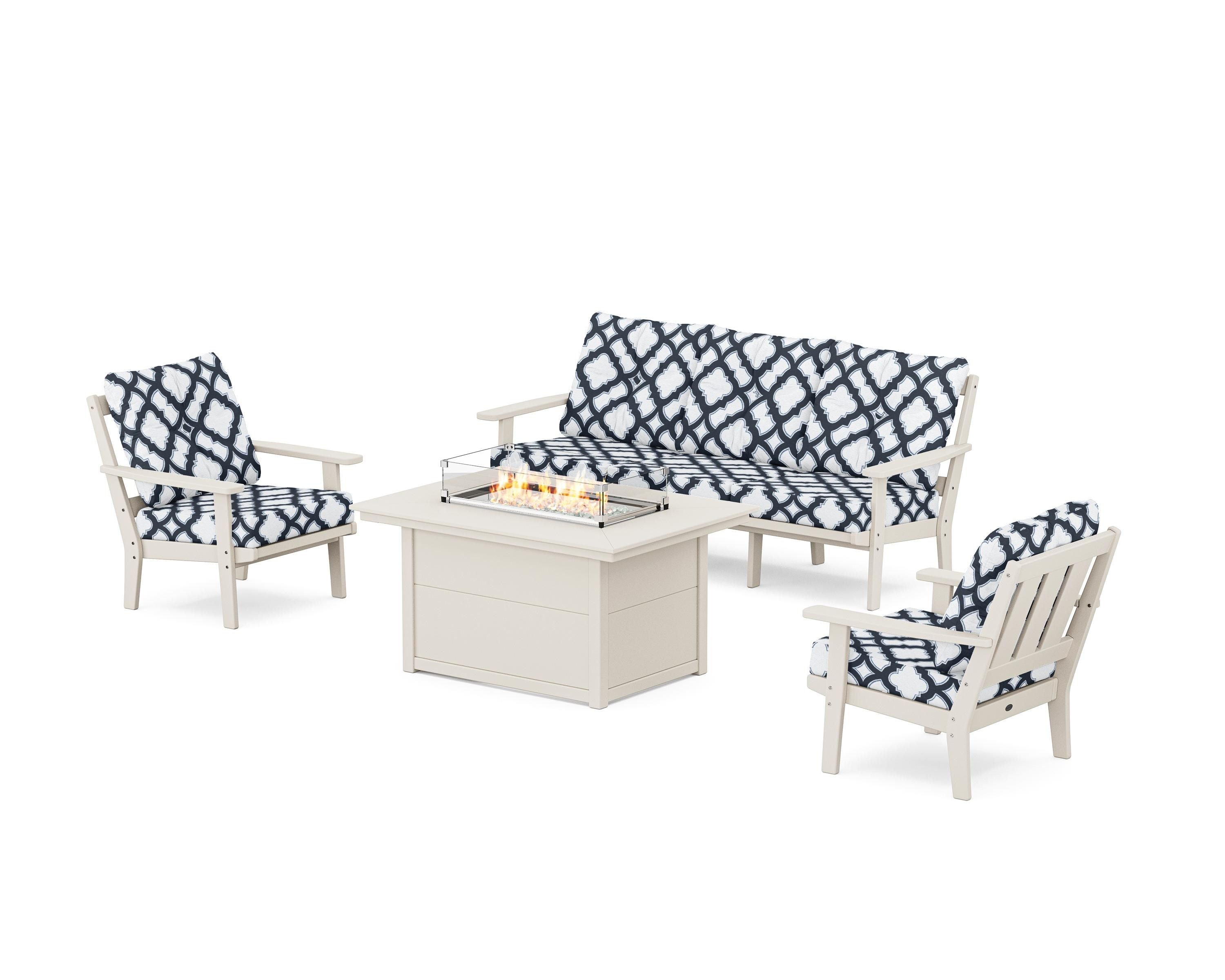 POLYWOOD® Oxford Deep Seating Fire Pit Table Set in Sand / Trellis Marine Indigo