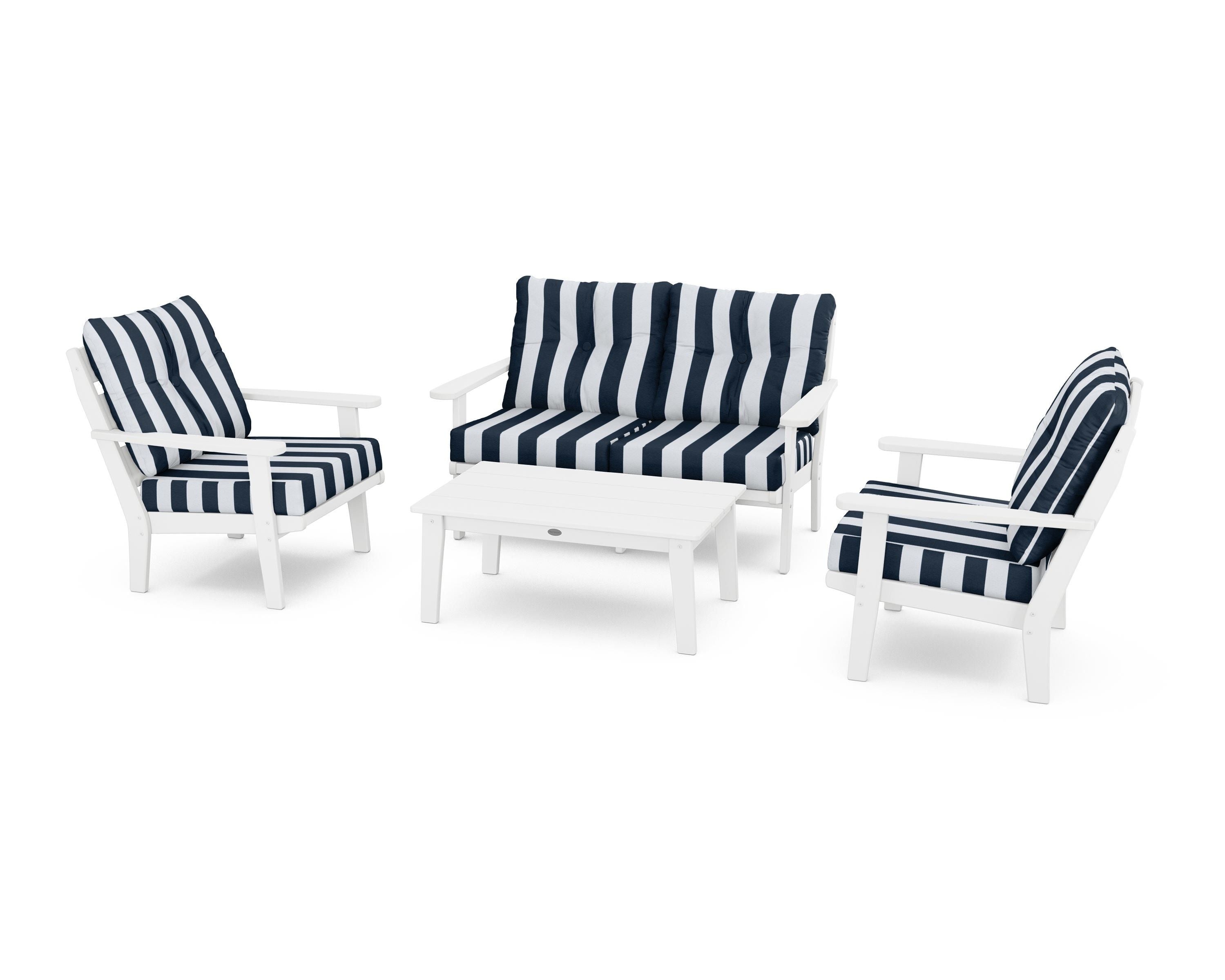 POLYWOOD® Lakeside 4-Piece Deep Seating Set in White / Cabana Stripe Marine Indigo
