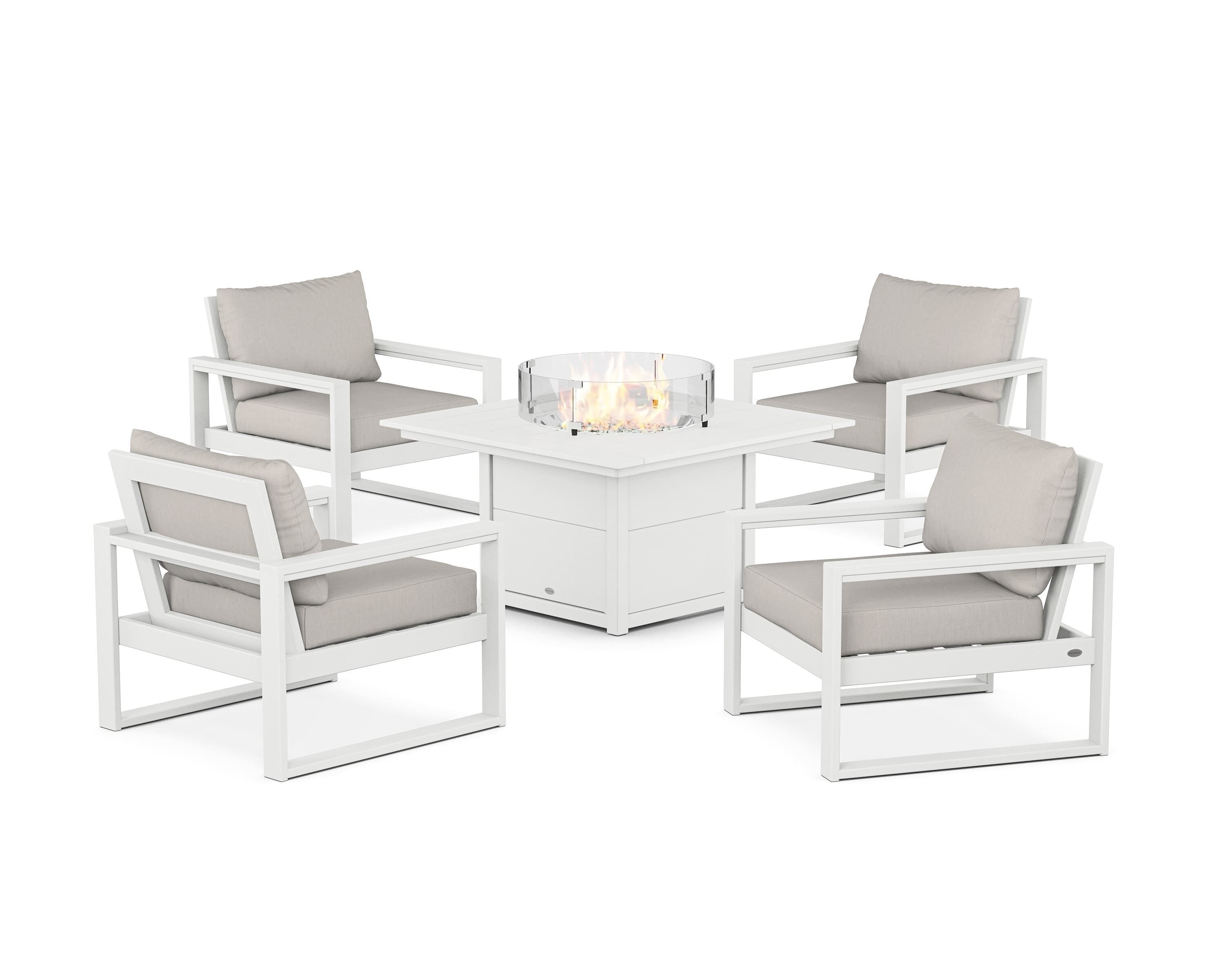 POLYWOOD® EDGE Sectional 5-Piece Deep Seating Set with Fire Pit Table in White / Cast Ash