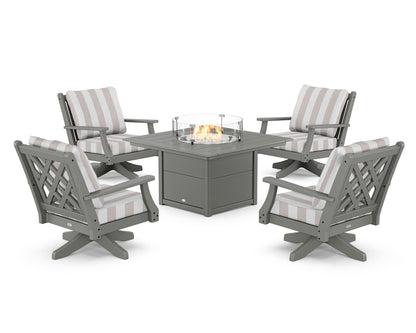 Country Living Wovendale 5-Piece Deep Seating Swivel Conversation Set with Fire Pit Table in Slate Grey / Cabana Stripe Dune Burlap