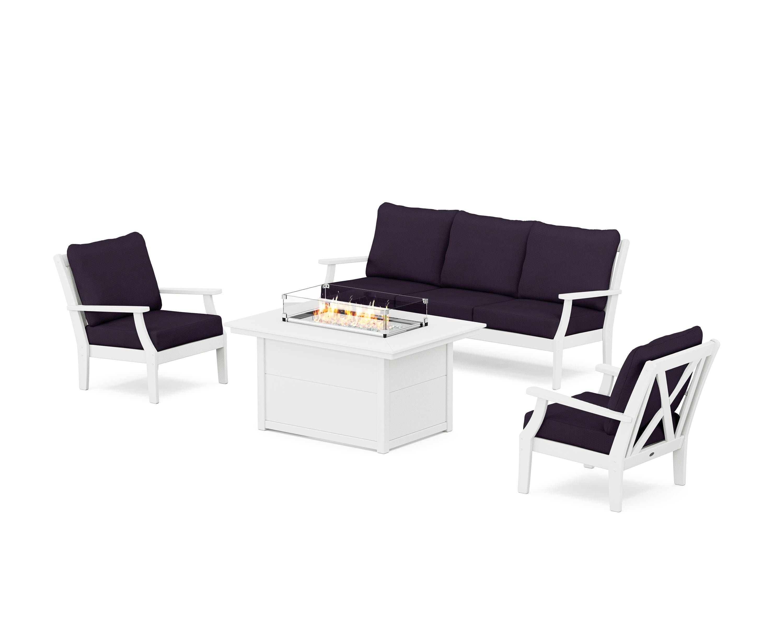 POLYWOOD® Braxton Deep Seating Fire Pit Table Set in White / Navy Linen