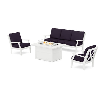POLYWOOD® Braxton Deep Seating Fire Pit Table Set in White / Navy Linen