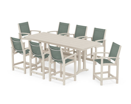 POLYWOOD® Coastal 9-Piece Farmhouse Counter Set with Trestle Legs in Sand / Dupioni Sea Mist Sling