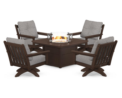 POLYWOOD® Vineyard 5-Piece Deep Seating Swivel Conversation Set with Fire Pit Table in Mahogany / Grey Mist