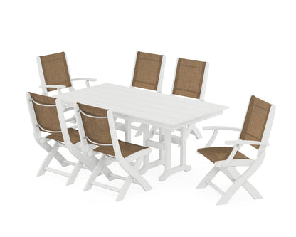 POLYWOOD® Coastal Folding Chair 7-Piece Farmhouse Dining Set in White / Burlap Sling