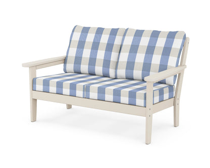 Country Living Cottage Deep Seating Loveseat in Sand / Buffalo Plaid Sky Blue