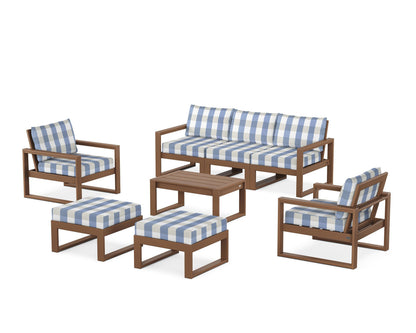 POLYWOOD® EDGE Sectional 8-Piece Lounge Sofa Set in Teak / Buffalo Plaid Sky Blue