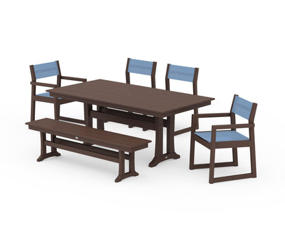 POLYWOOD® EDGE Sling 6-Piece Farmhouse Dining Set With Trestle Legs in Mahogany / Poolside Sling