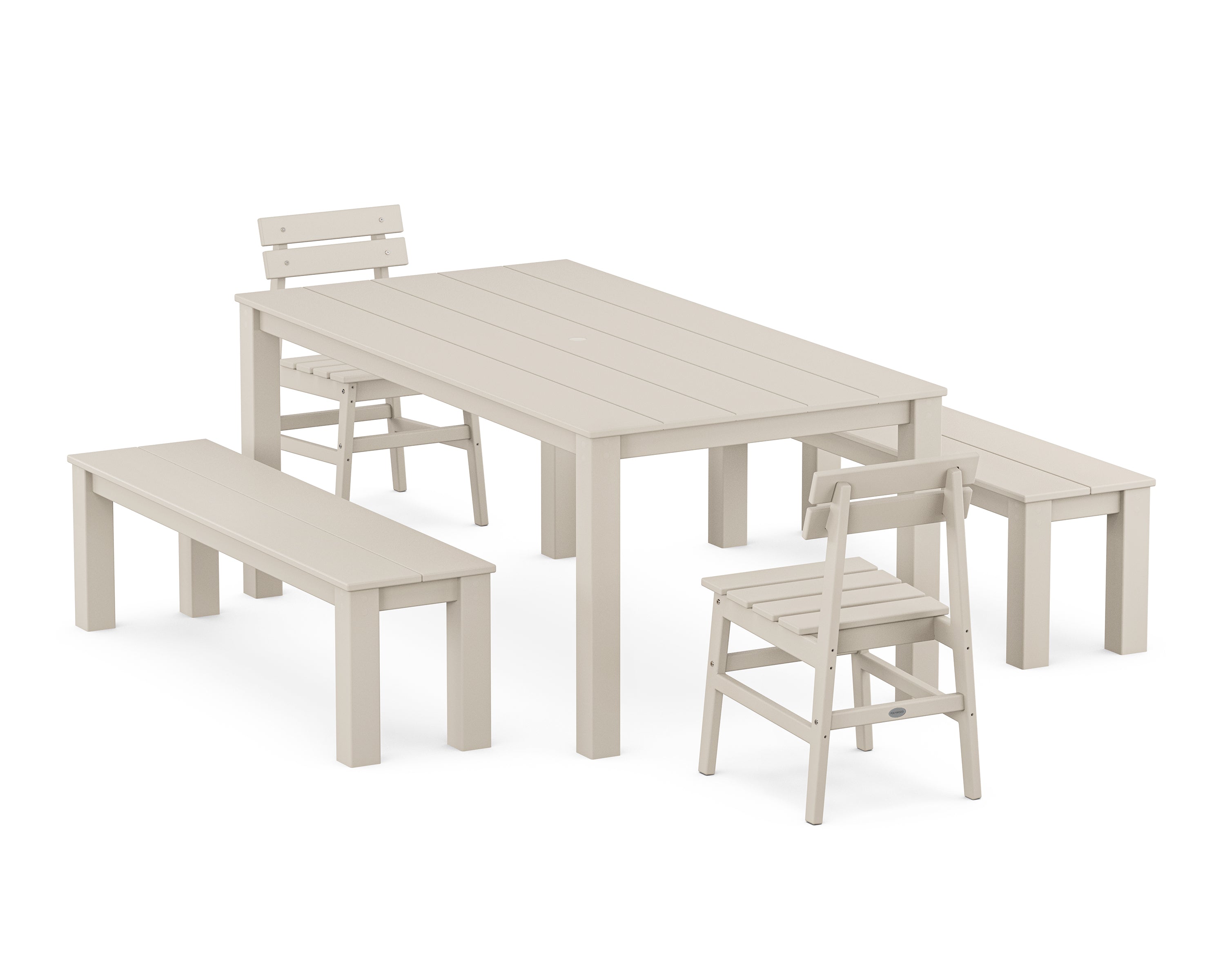POLYWOOD® Modern Studio Plaza Chair 5-Piece Parsons Dining Set with Benches in Sand