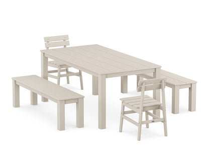 POLYWOOD® Modern Studio Plaza Chair 5-Piece Parsons Dining Set with Benches in Sand