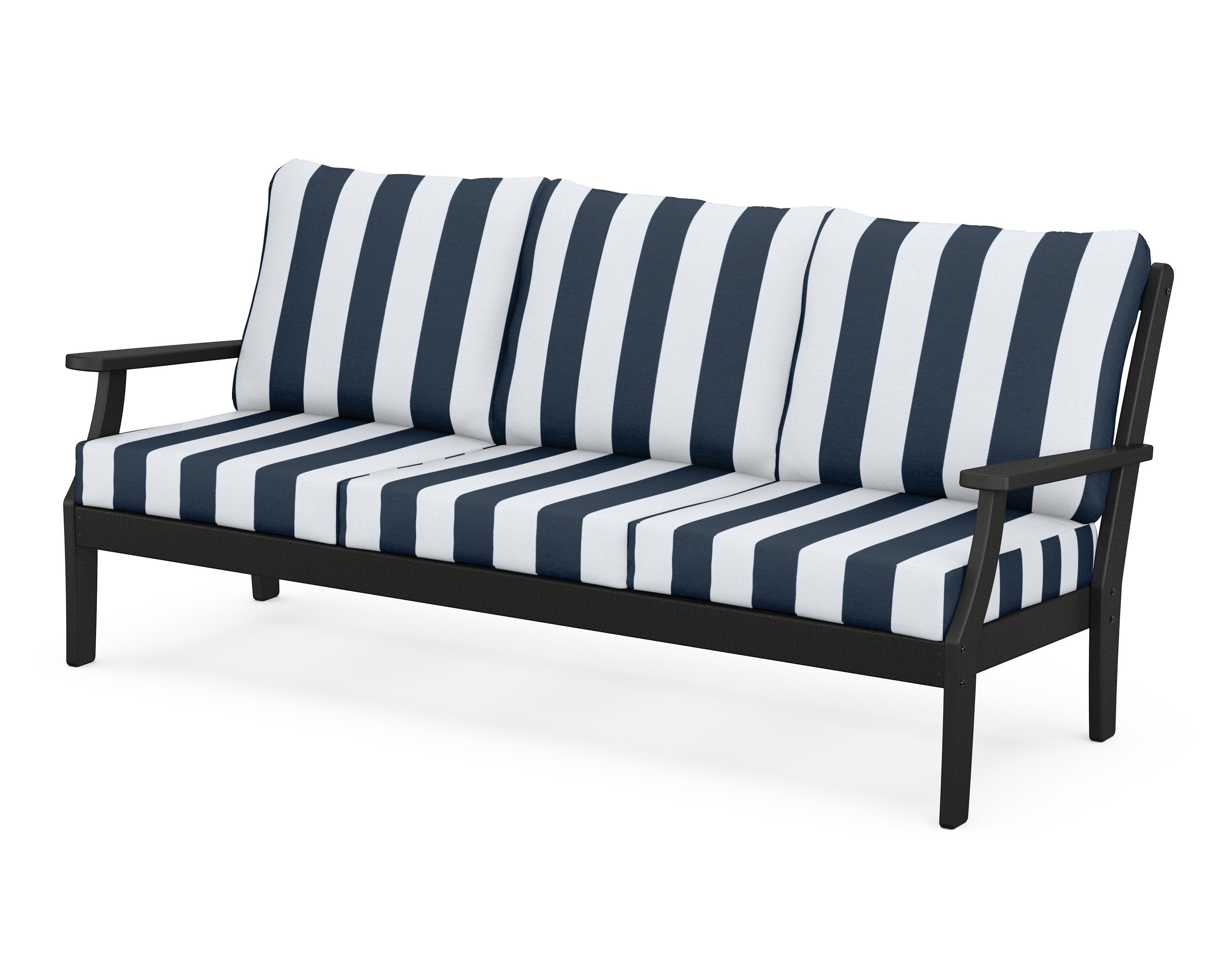 POLYWOOD® Braxton Deep Seating Sofa in Black / Cabana Stripe Marine Indigo