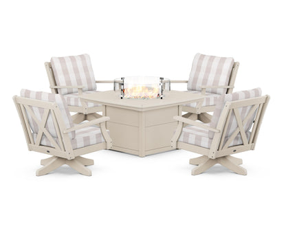 POLYWOOD® Braxton 5-Piece Deep Seating Swivel Conversation Set with Fire Pit Table in Sand / Buffalo Plaid Dune Burlap