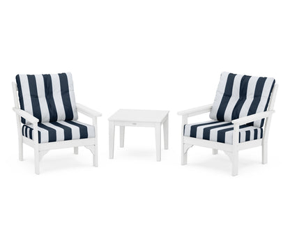 POLYWOOD® Vineyard 3-Piece Deep Seating Set in White / Cabana Stripe Marine Indigo