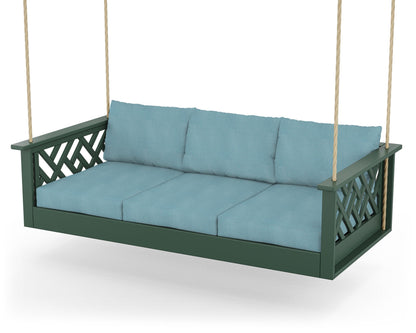 POLYWOOD® Chippendale Daybed Swing in Green / Lattice Sky Blue