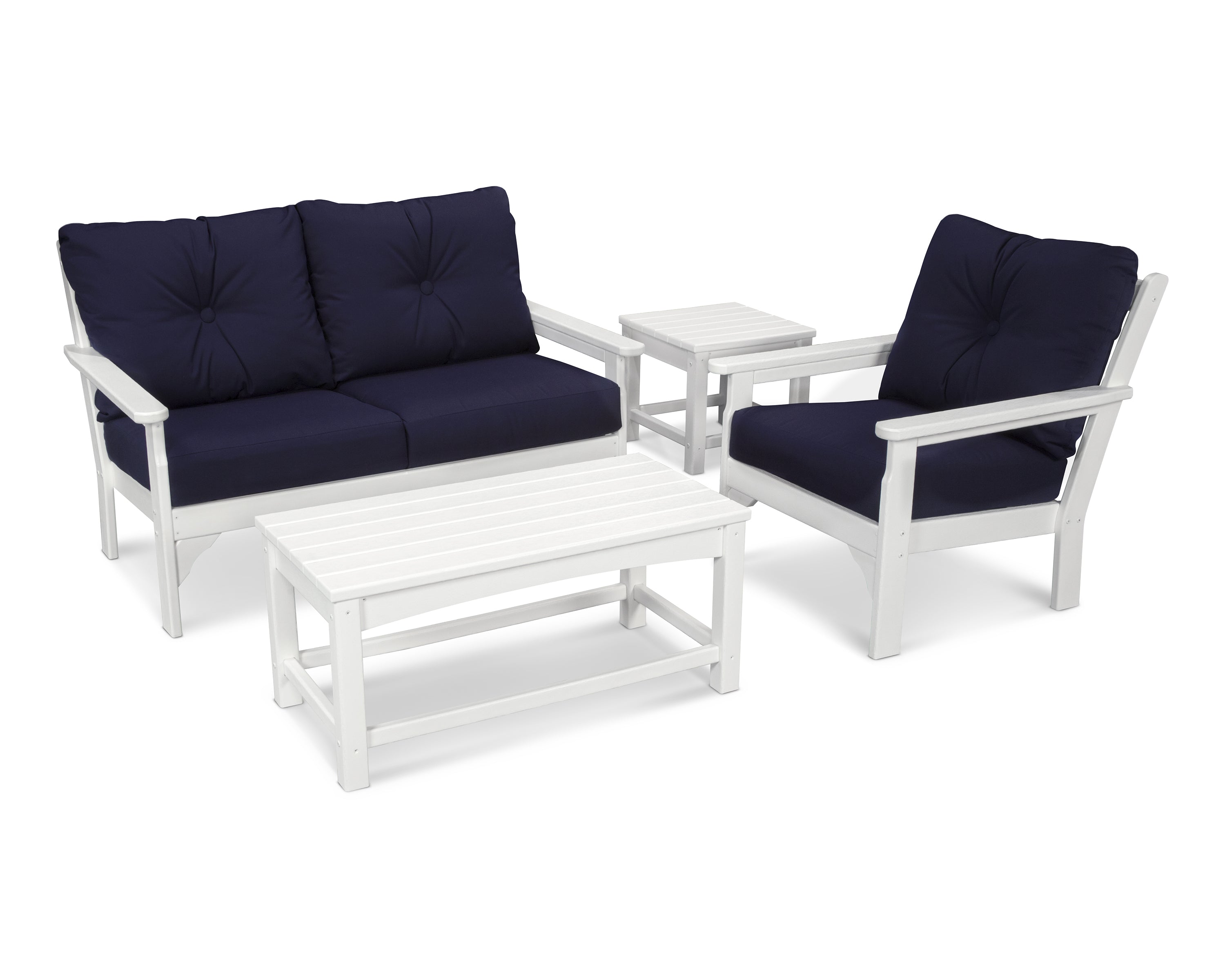 POLYWOOD® Vineyard 4 Piece Deep Seating Set in White / Navy