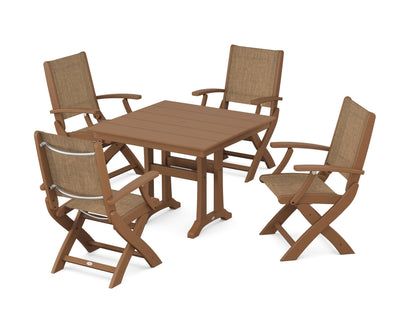 POLYWOOD® Coastal Folding Chair 5-Piece Farmhouse Dining Set With Trestle Legs in Teak / Burlap Sling
