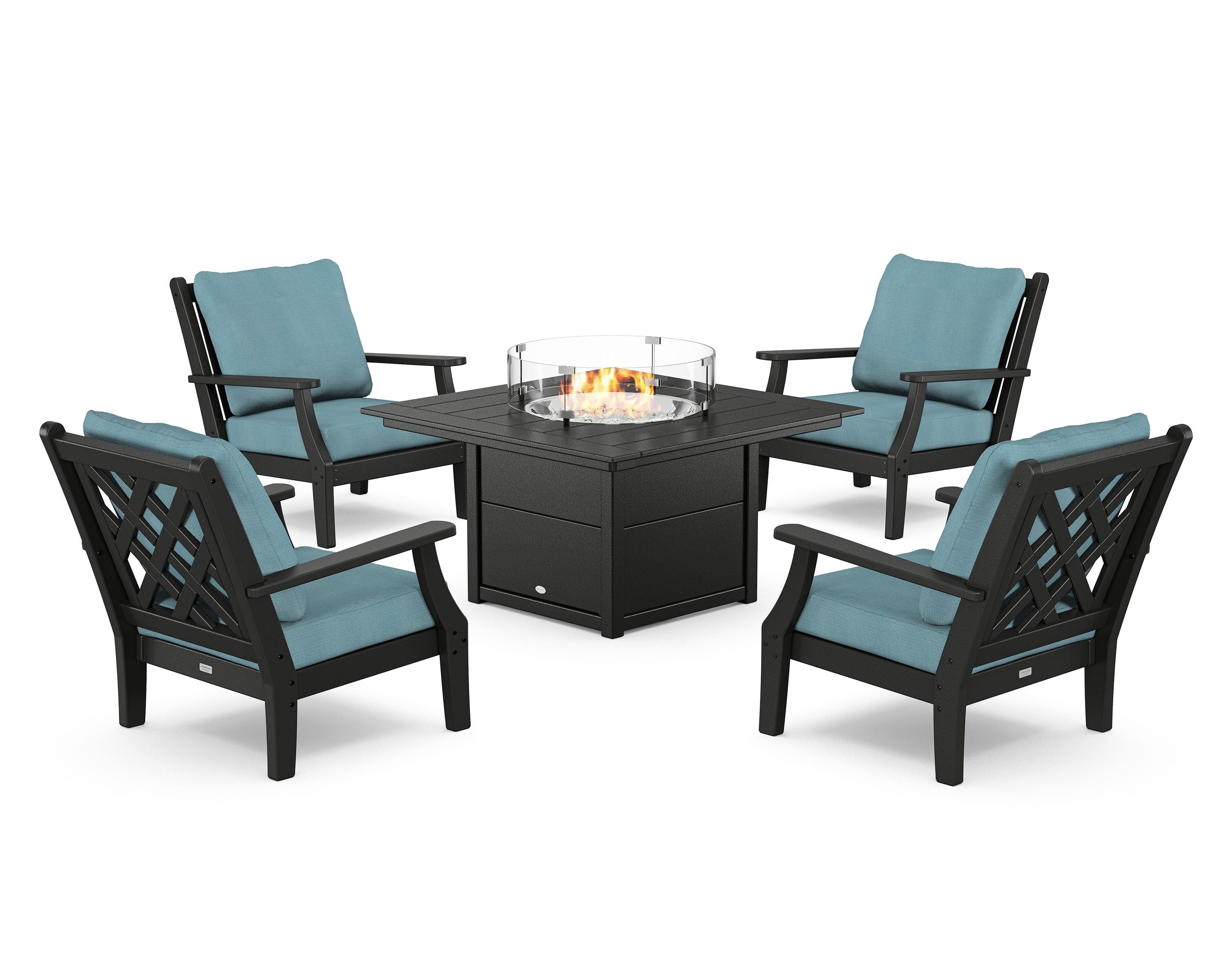 Country Living Wovendale 5-Piece Deep Seating Set with Fire Pit Table in Black / Lattice Sky Blue