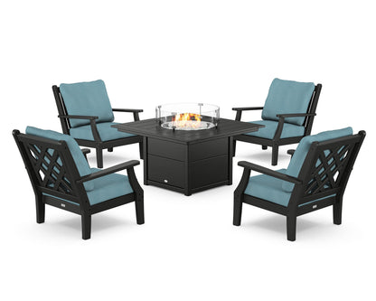 Country Living Wovendale 5-Piece Deep Seating Set with Fire Pit Table in Black / Lattice Sky Blue