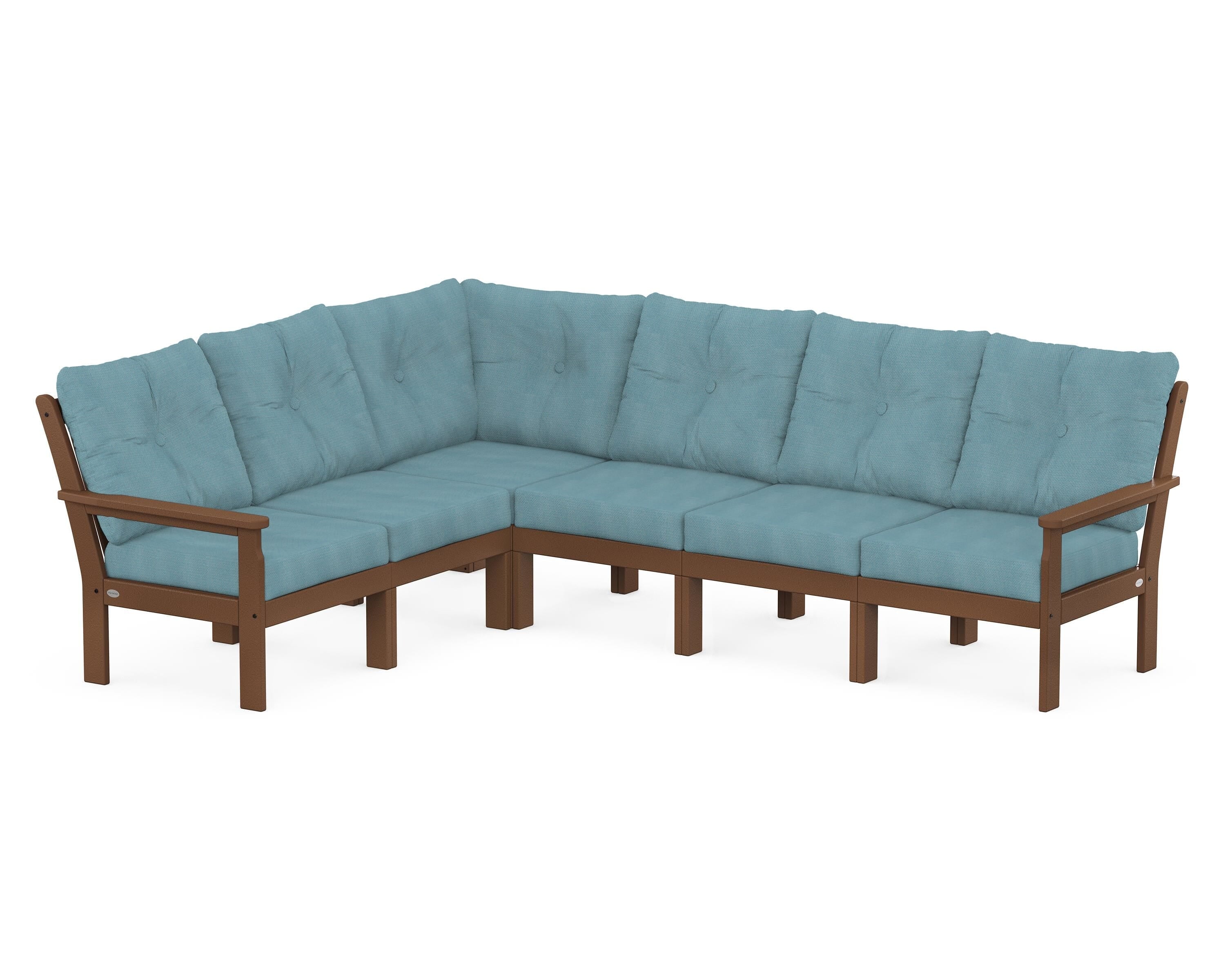 POLYWOOD® Vineyard 6-Piece Sectional in Teak / Lattice Sky Blue