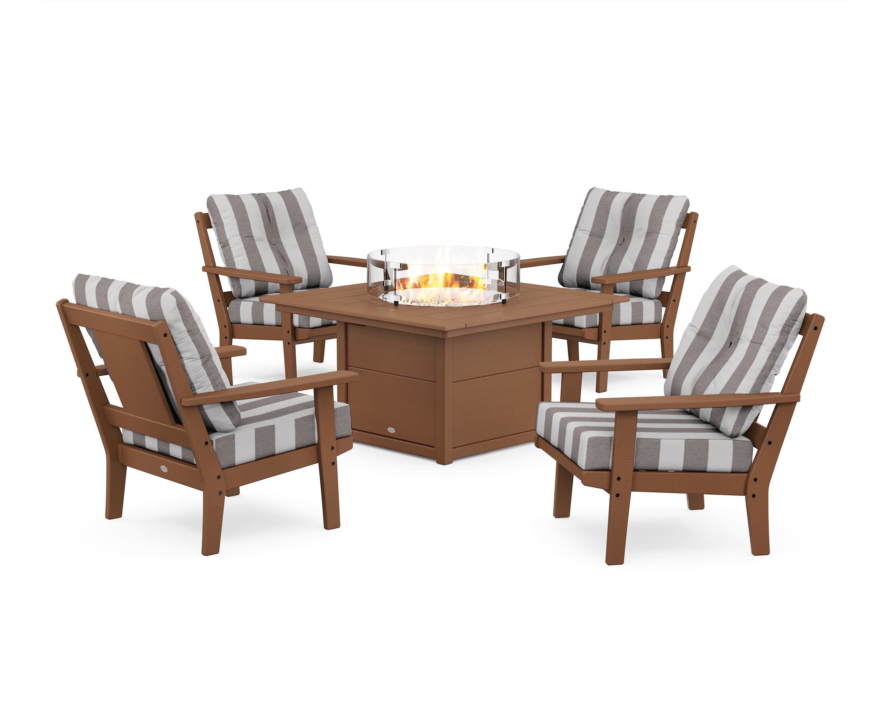 POLYWOOD® Prairie 5-Piece Deep Seating Set with Fire Pit Table in Teak / Cabana Stripe Grey Mist