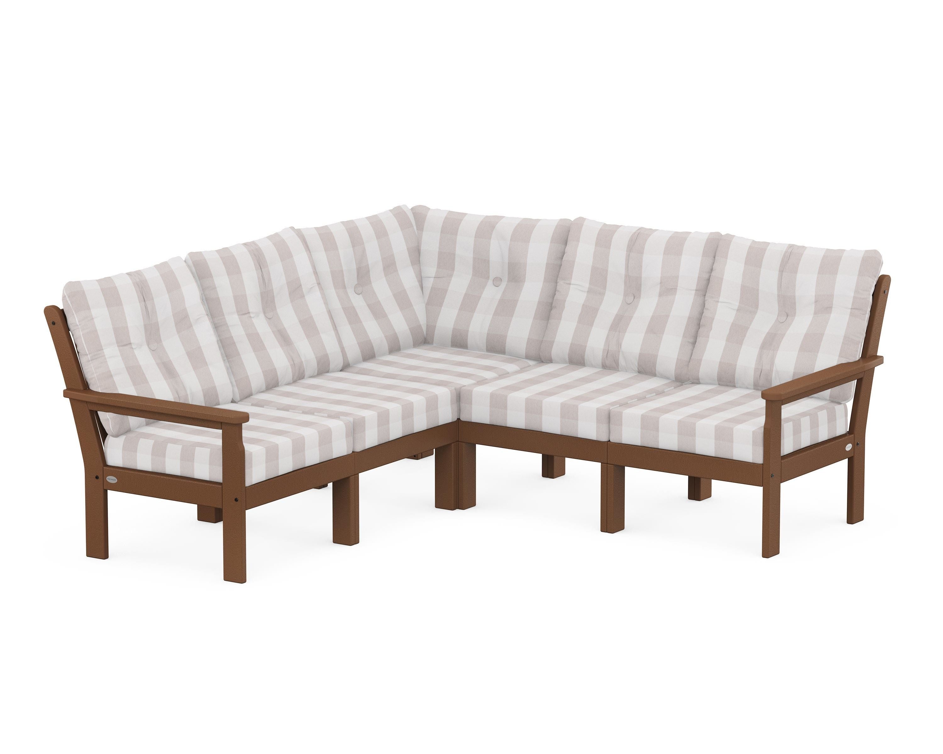POLYWOOD® Vineyard 5-Piece Sectional in Teak / Buffalo Plaid Dune Burlap