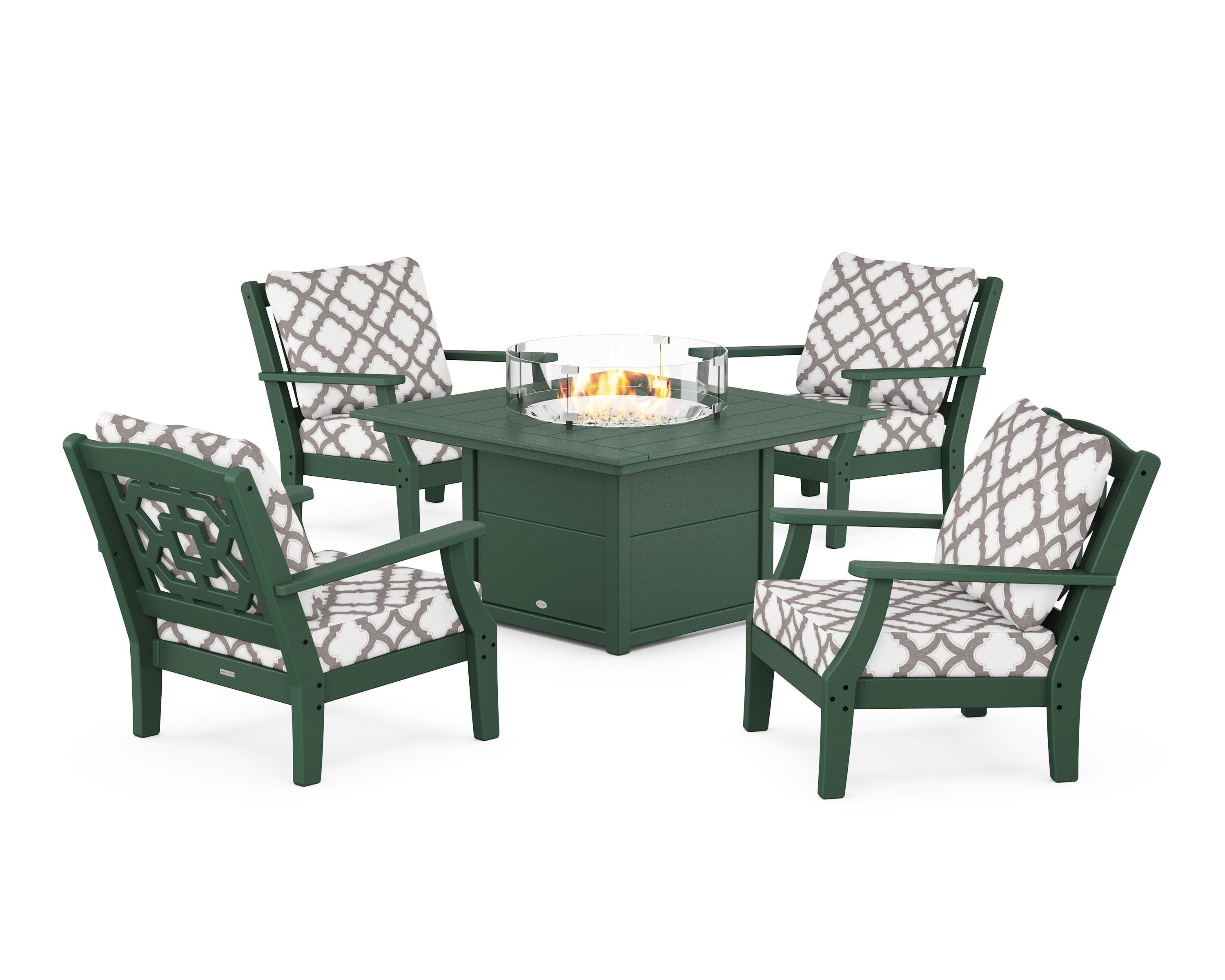 Martha Stewart by POLYWOOD® Chinoiserie 5-Piece Deep Seating Set with Fire Pit Table in Green / Trellis Grey Mist
