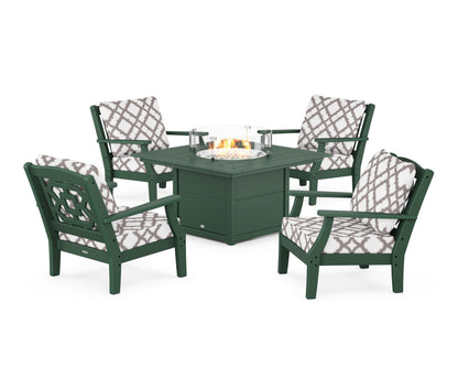 Martha Stewart by POLYWOOD® Chinoiserie 5-Piece Deep Seating Set with Fire Pit Table in Green / Trellis Grey Mist