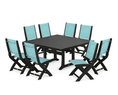 POLYWOOD® Coastal Folding Side Chair 9-Piece Farmhouse Dining Set in Black / Dupioni Aquamarine Sling