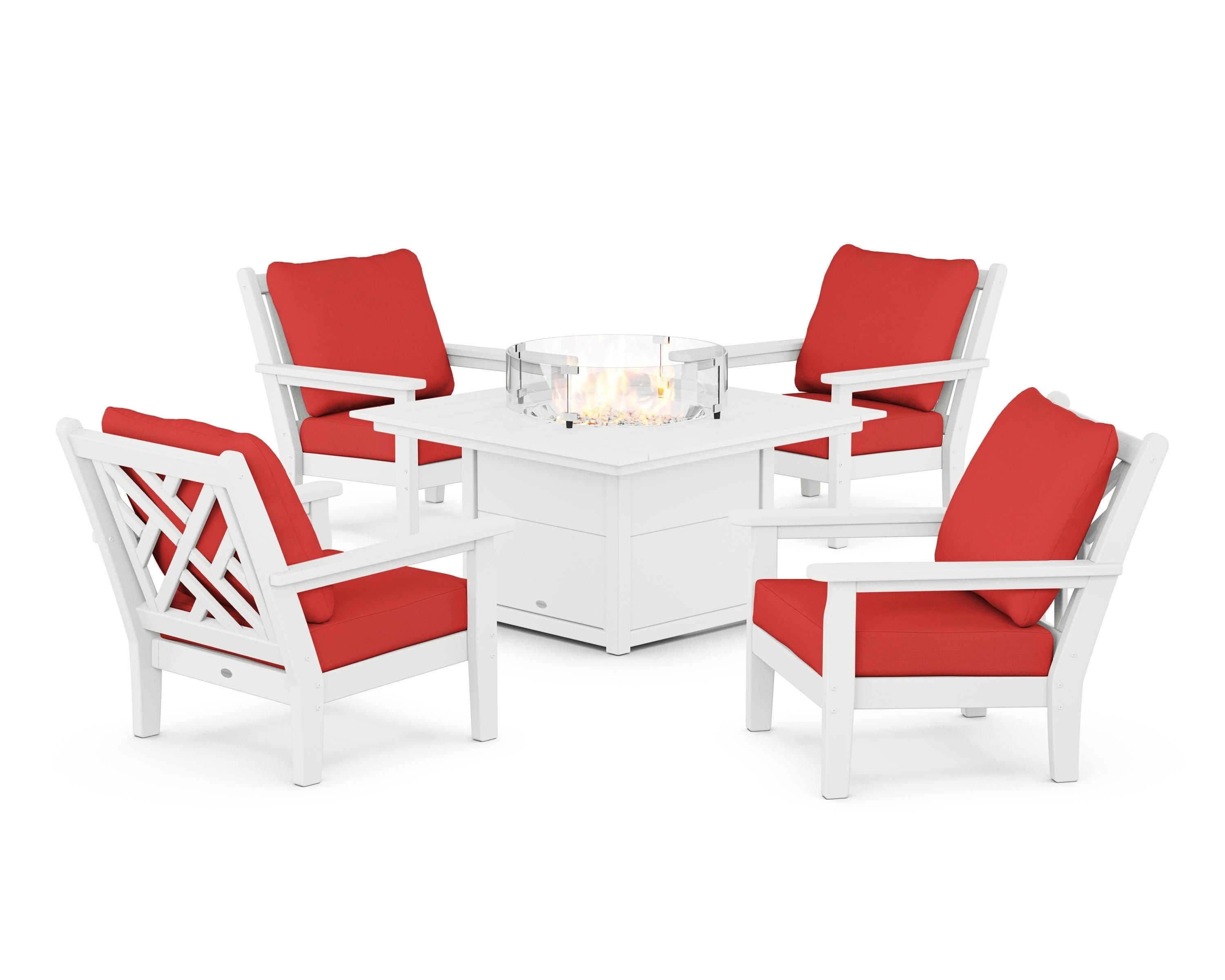 POLYWOOD® Chippendale 5-Piece Deep Seating Set with Fire Pit Table in White / Crimson Linen