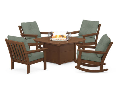 POLYWOOD® Vineyard 5-Piece Deep Seating Rocking Chair Conversation Set with Fire Pit Table in Teak / Cast Sage