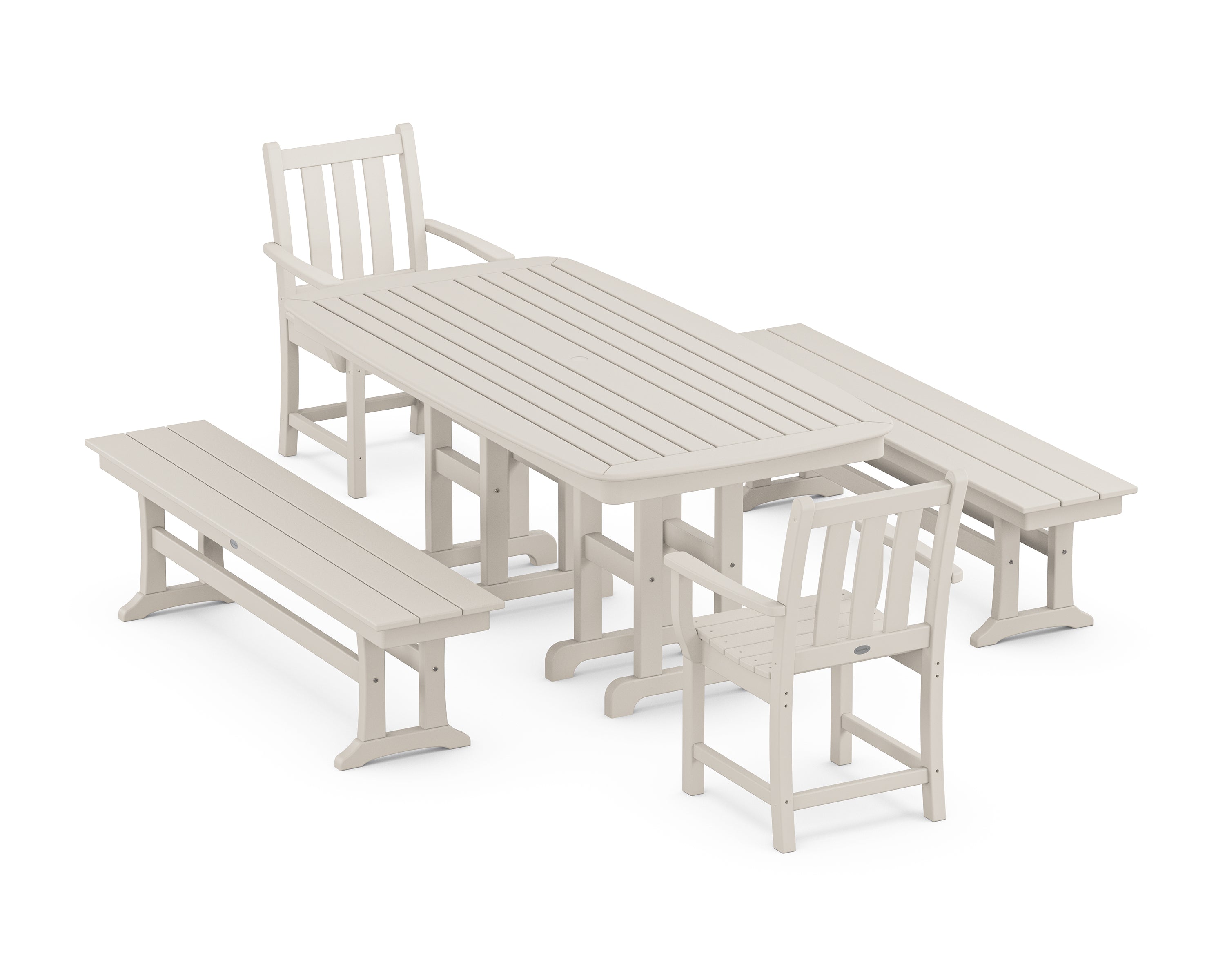 POLYWOOD® Traditional Garden 5-Piece Dining Set with Benches in Sand