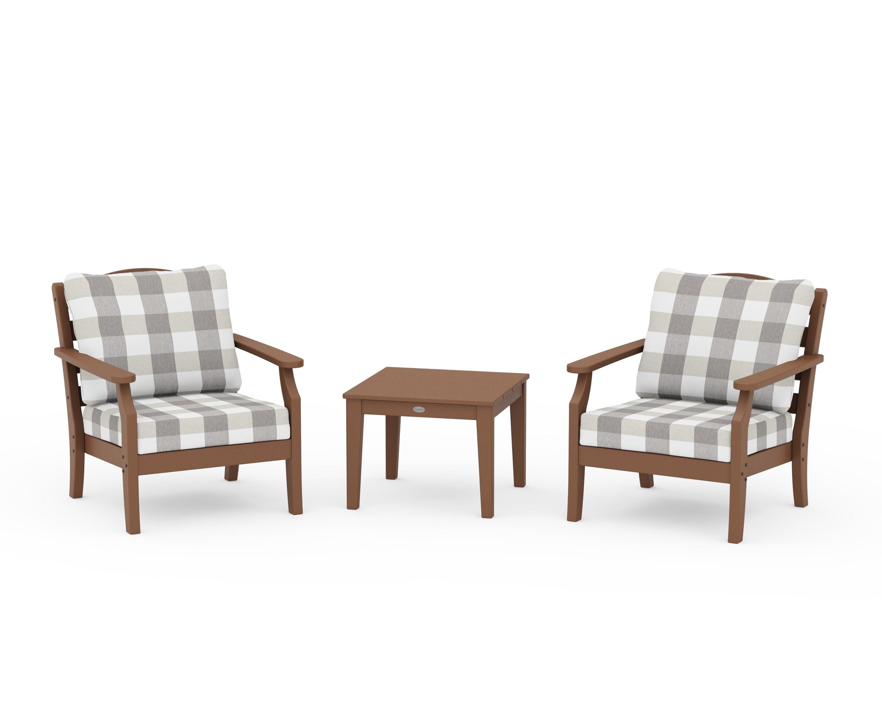 Draper James™ by  POLYWOOD® Savannah 3-Piece Deep Seating Set in Teak / Buffalo Plaid Grey Mist