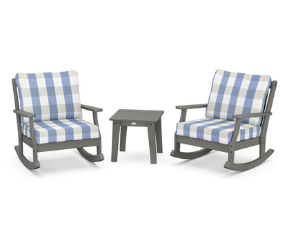 POLYWOOD® Braxton 3-Piece Deep Seating Rocker Set in Slate Grey / Buffalo Plaid Sky Blue