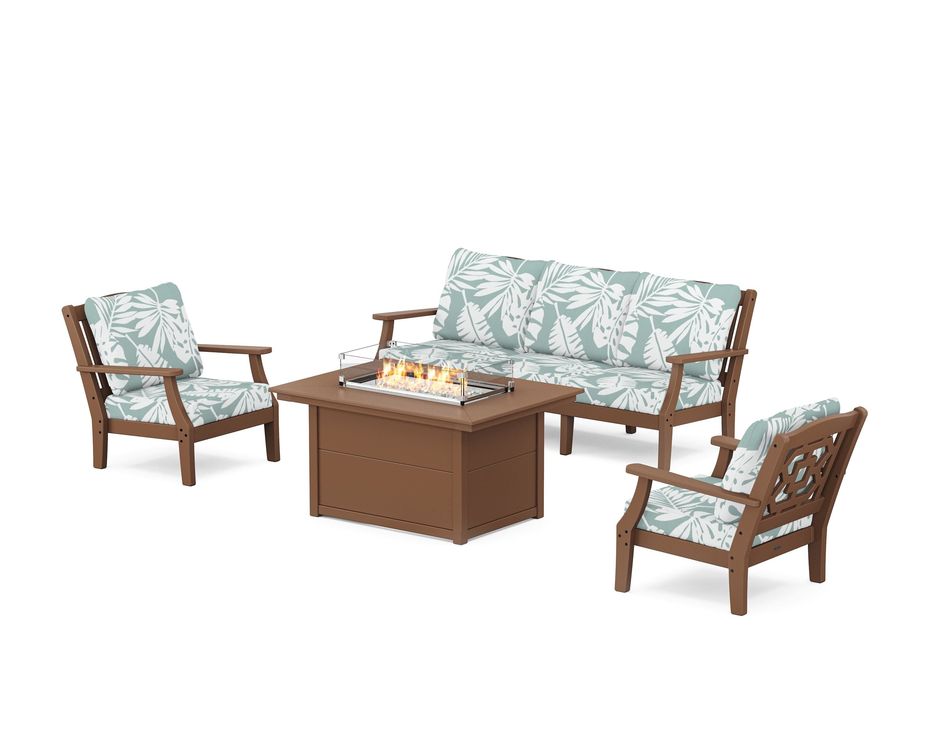 Martha Stewart by POLYWOOD® Chinoiserie Deep Seating Fire Pit Table Set in Teak / Leaf Glacier Spa