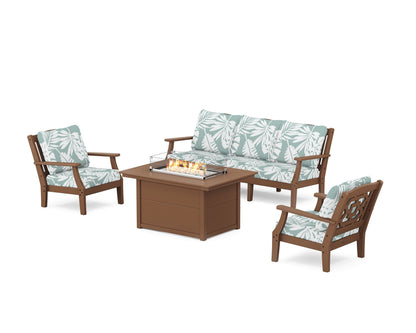 Martha Stewart by POLYWOOD® Chinoiserie Deep Seating Fire Pit Table Set in Teak / Leaf Glacier Spa