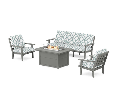 POLYWOOD® Oxford Deep Seating Fire Pit Table Set in Slate Grey / Trellis Glacier Spa