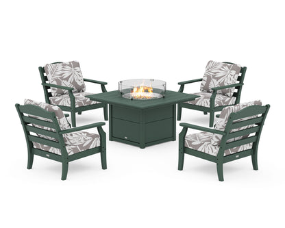 Draper James™ by  POLYWOOD® Savannah 5-Piece Deep Seating Set with Fire Pit Table in Green / Leaf Grey Mist