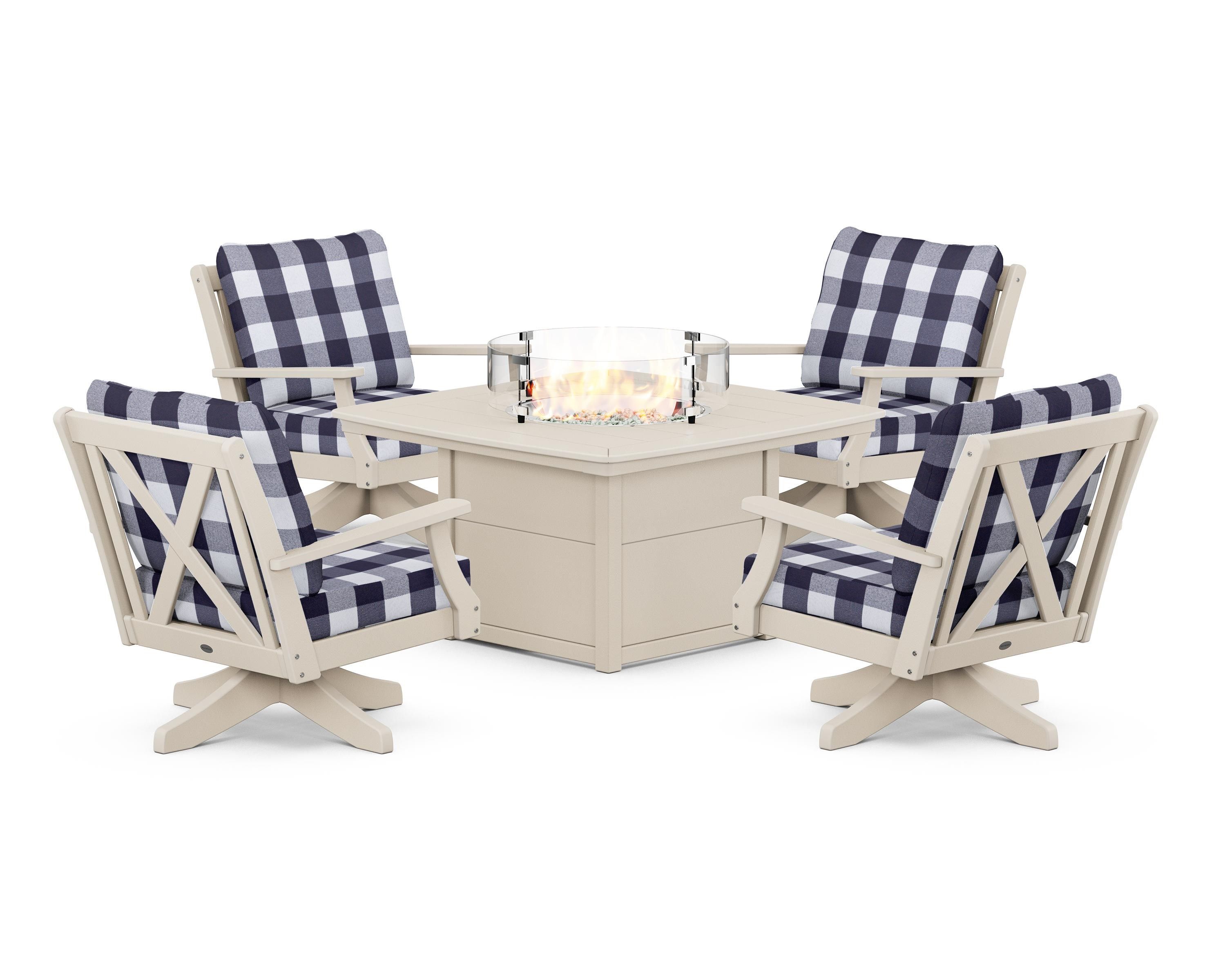POLYWOOD® Braxton 5-Piece Deep Seating Swivel Conversation Set with Fire Pit Table in Sand / Buffalo Plaid Navy