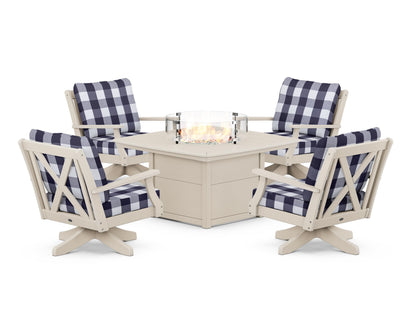 POLYWOOD® Braxton 5-Piece Deep Seating Swivel Conversation Set with Fire Pit Table in Sand / Buffalo Plaid Navy