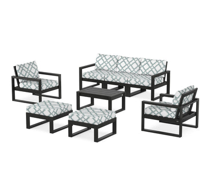 POLYWOOD® EDGE Sectional 8-Piece Lounge Sofa Set in Black / Trellis Glacier Spa