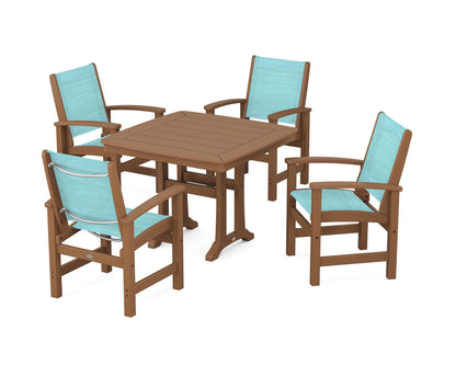 POLYWOOD® Coastal 5-Piece Dining Set with Trestle Legs in Teak / Dupioni Aquamarine Sling