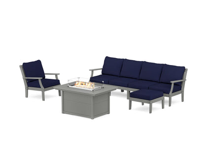 POLYWOOD® Braxton Sectional Lounge and Fire Pit Set in Slate Grey / Navy