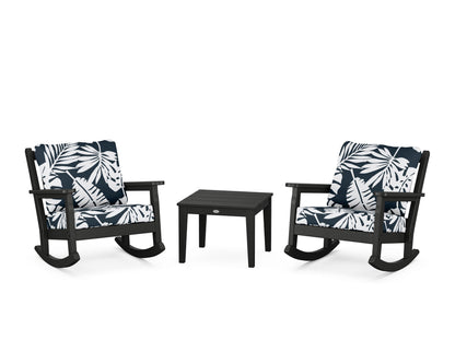 POLYWOOD® Chippendale 3-Piece Deep Seating Rocker Set in Black / Leaf Marine Indigo
