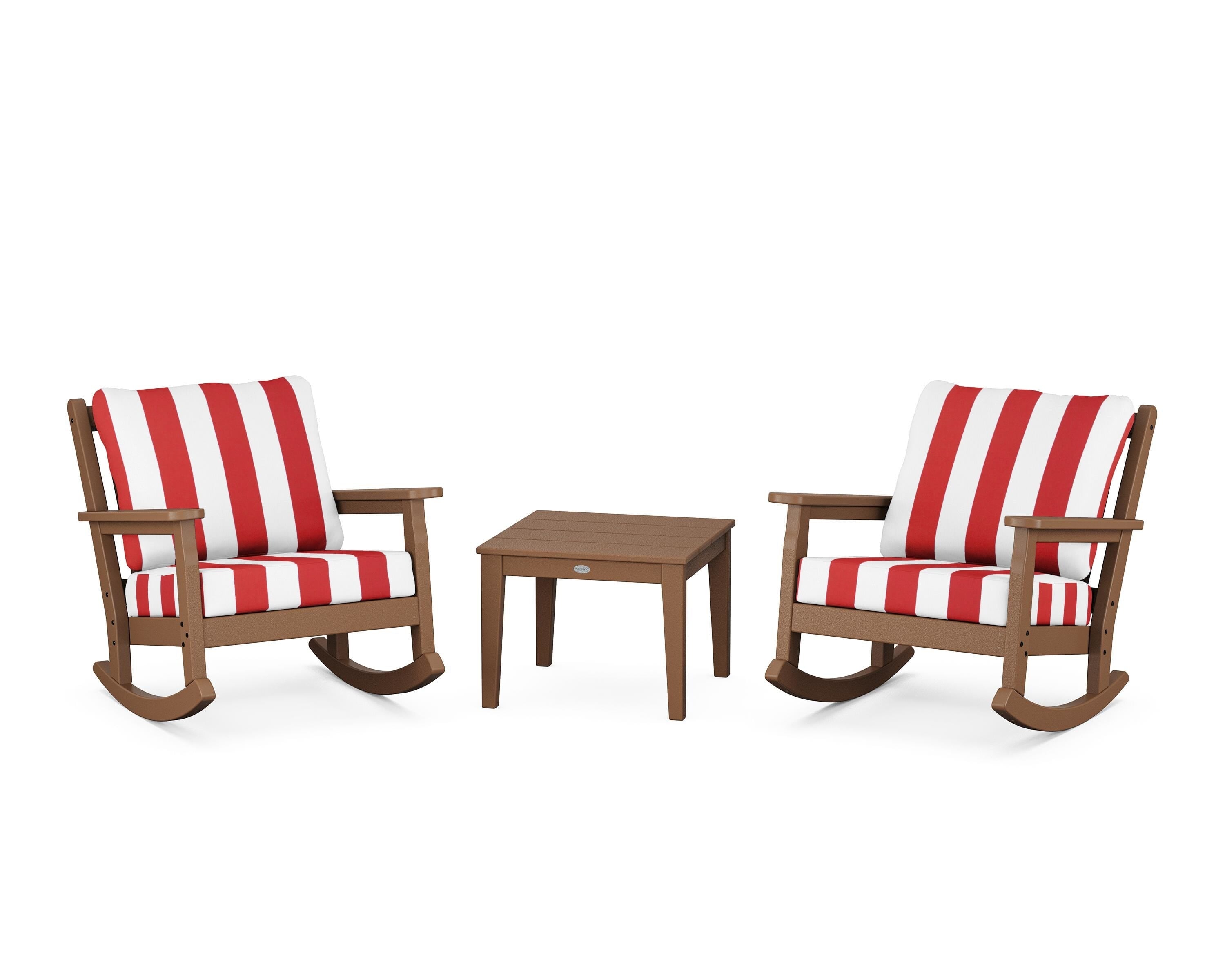 POLYWOOD® Chippendale 3-Piece Deep Seating Rocker Set in Teak / Cabana Stripe Crimson