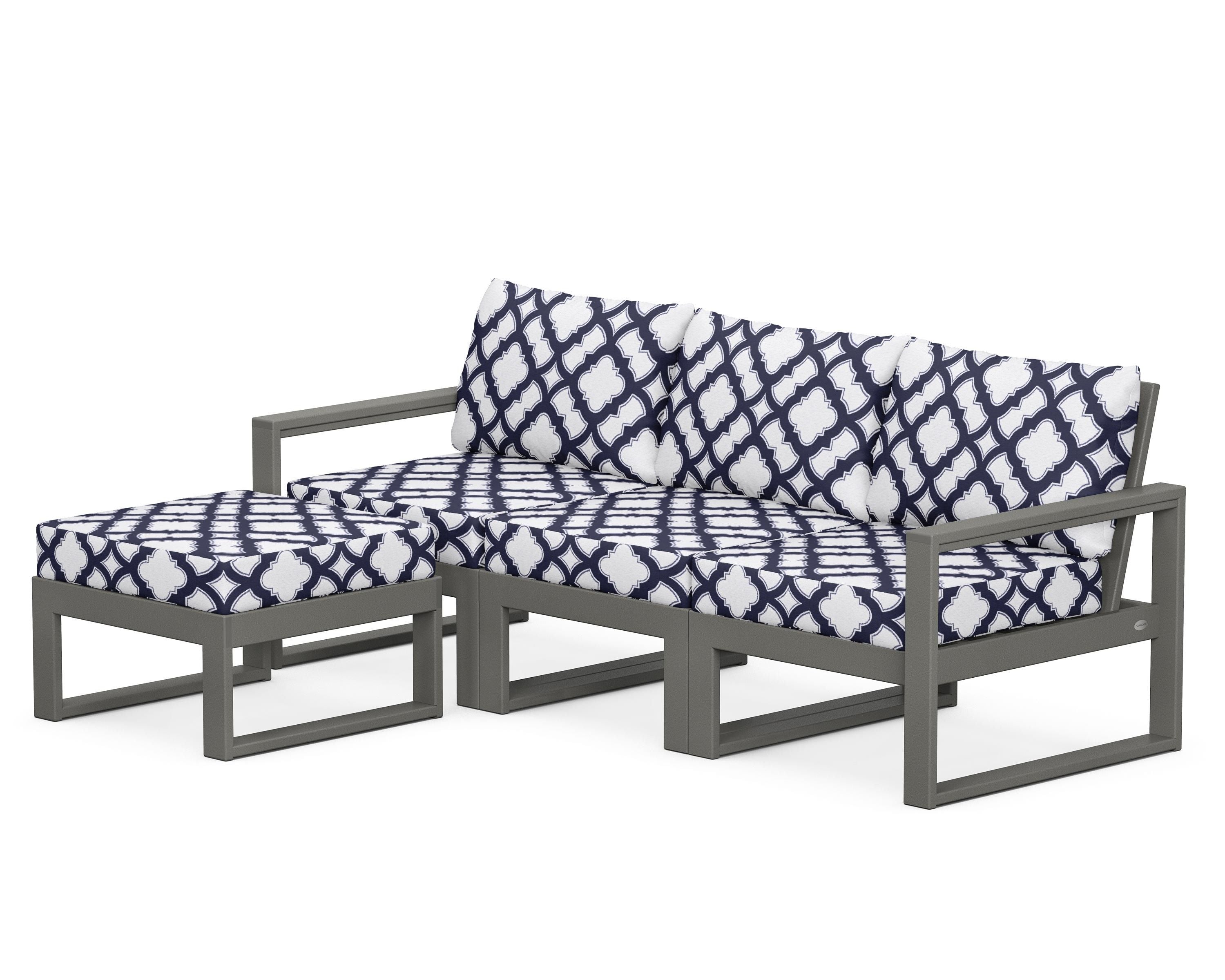 POLYWOOD® EDGE 4-Piece Modular Deep Seating Set with Ottoman in Slate Grey / Trellis Navy