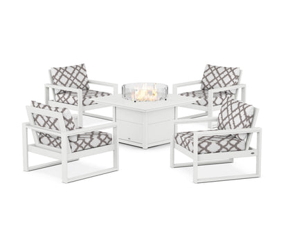POLYWOOD® EDGE Sectional 5-Piece Deep Seating Set with Fire Pit Table in White / Trellis Grey Mist