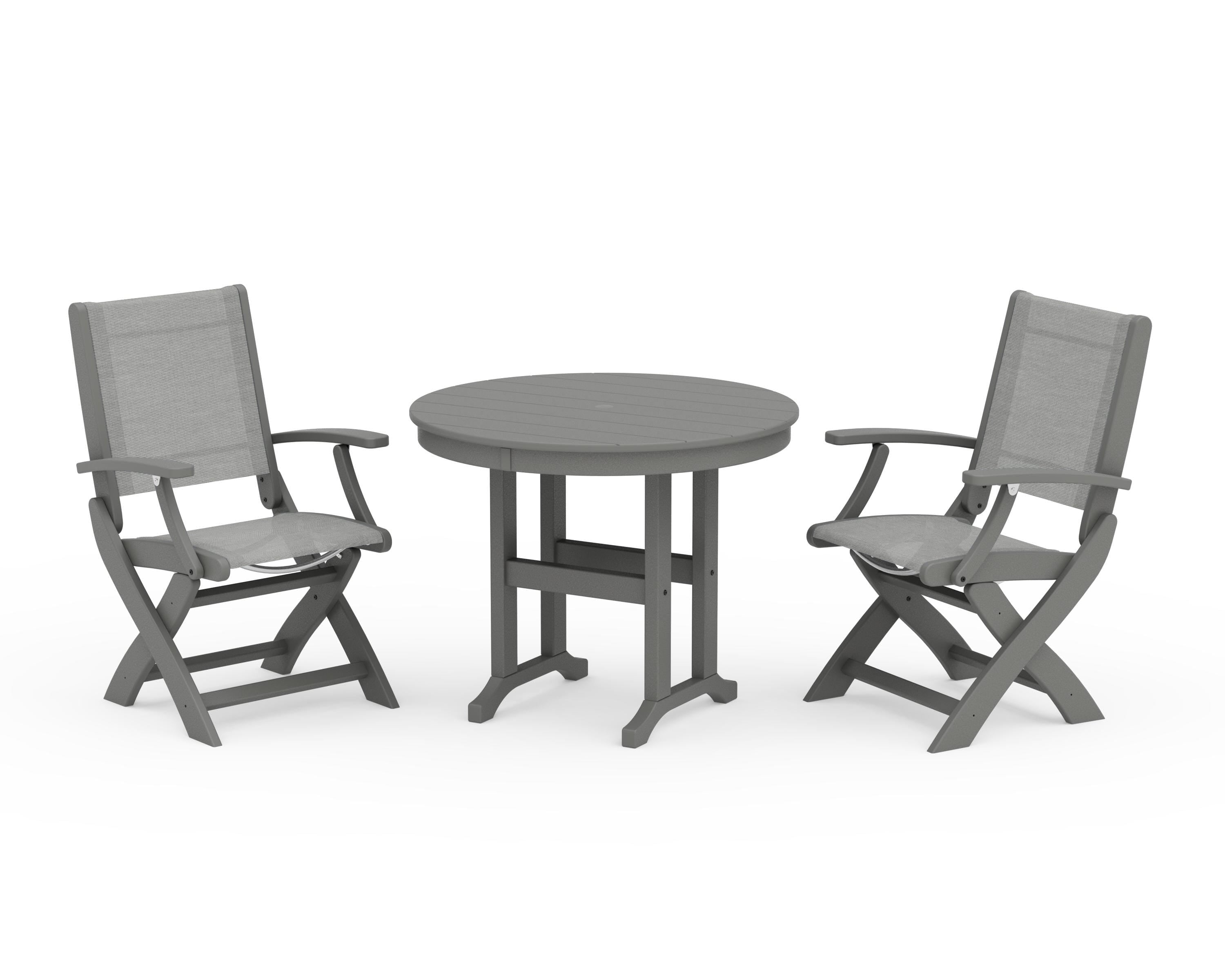 POLYWOOD® Coastal Folding Chair 3-Piece Round Dining Set in Slate Grey / Metallic Sling