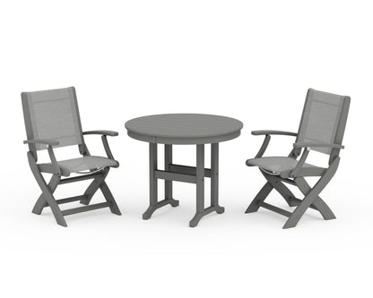 POLYWOOD® Coastal Folding Chair 3-Piece Round Dining Set in Slate Grey / Metallic Sling