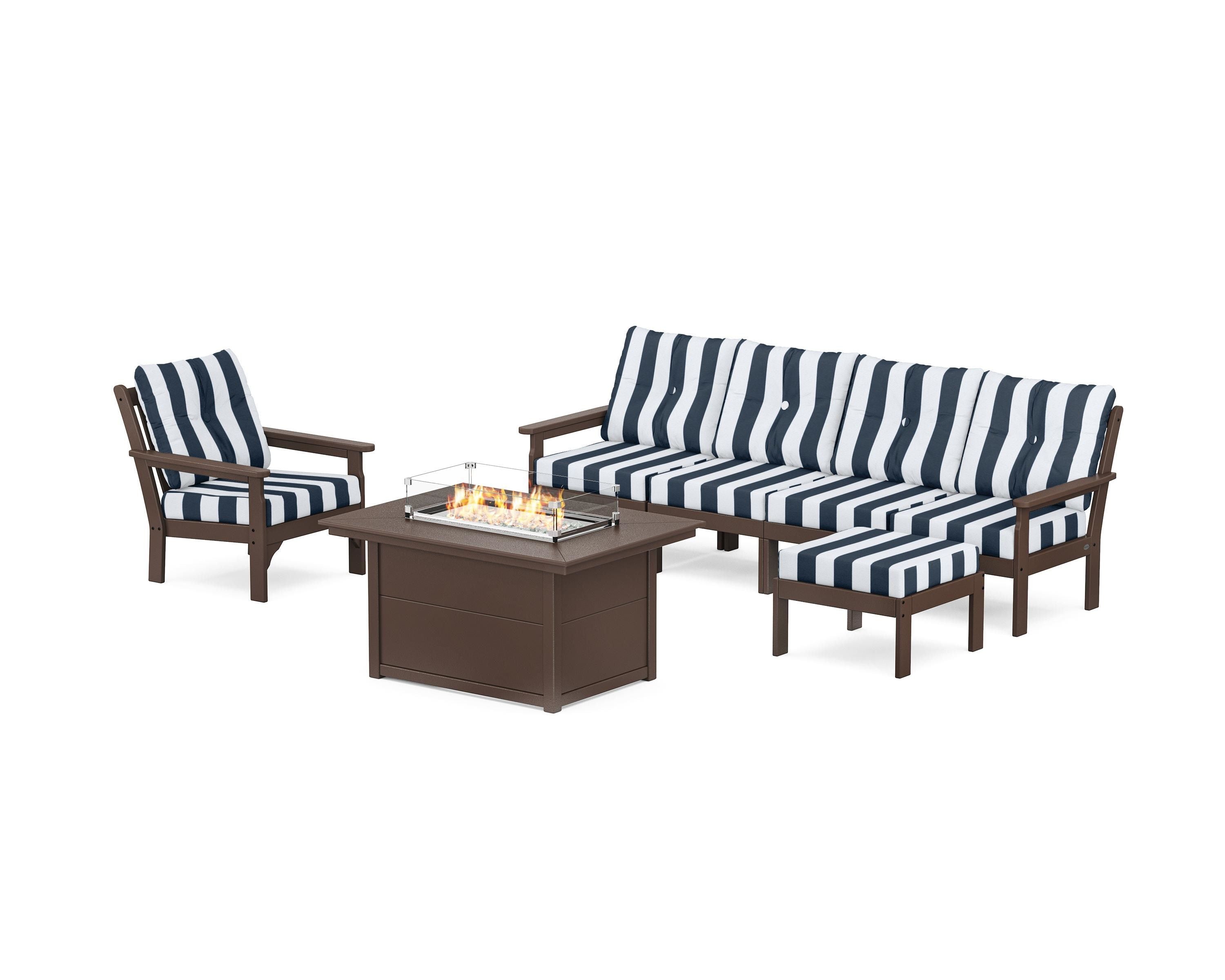 POLYWOOD® Vineyard Sectional Lounge and Fire Pit Set in Mahogany / Cabana Stripe Marine Indigo